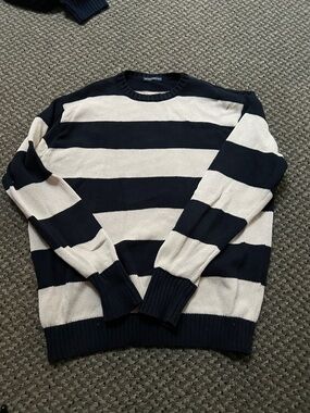 Brandy Melville Navy and Cream Striped Crewneck Sweater